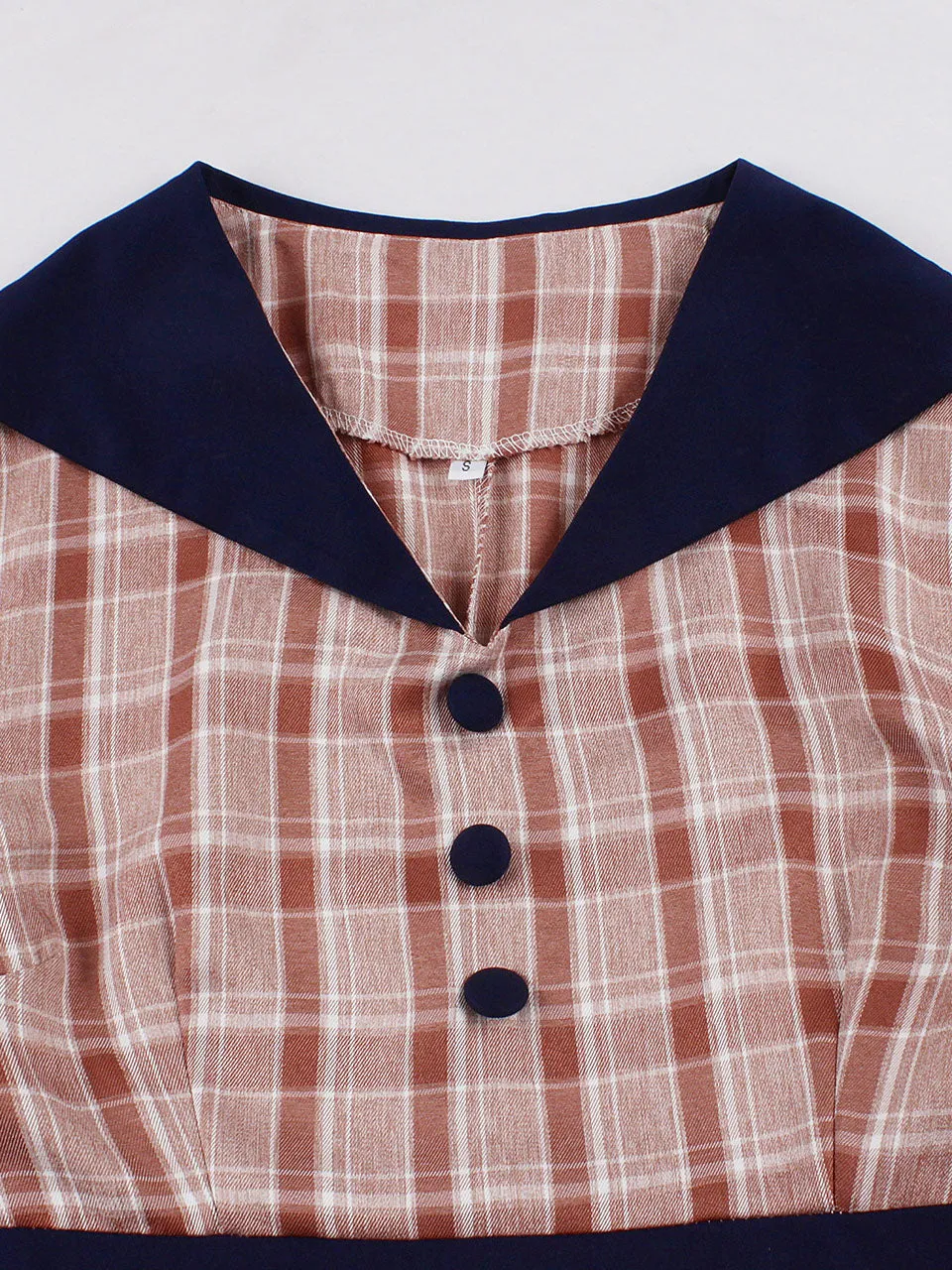 1950S Brown Sailor Collar Plaid Short Sleeve Vintage Dress