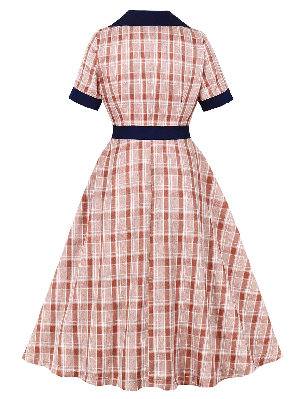 1950S Brown Sailor Collar Plaid Short Sleeve Vintage Dress