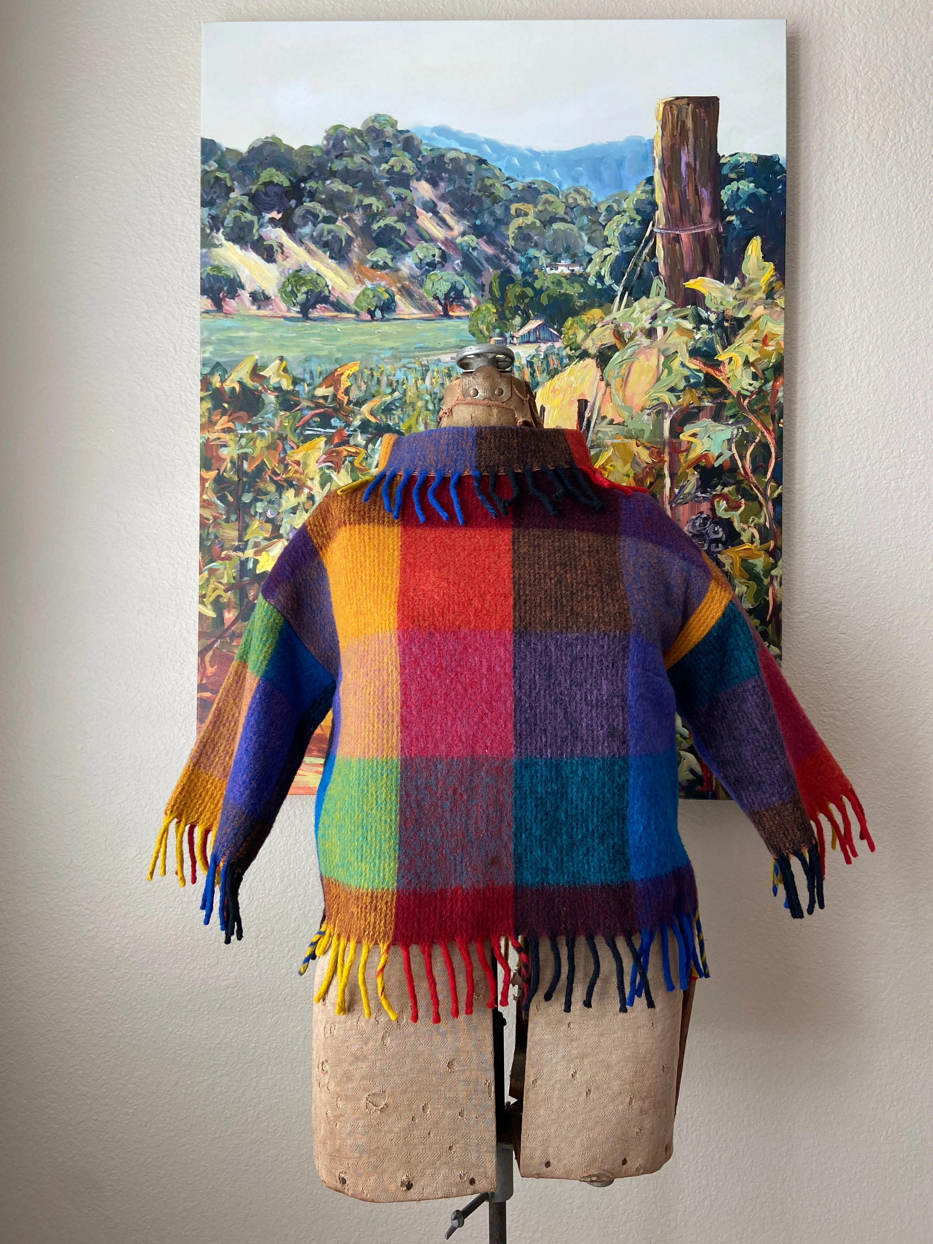 1950s Rainbow Loomed Checkered Fringe Sweater