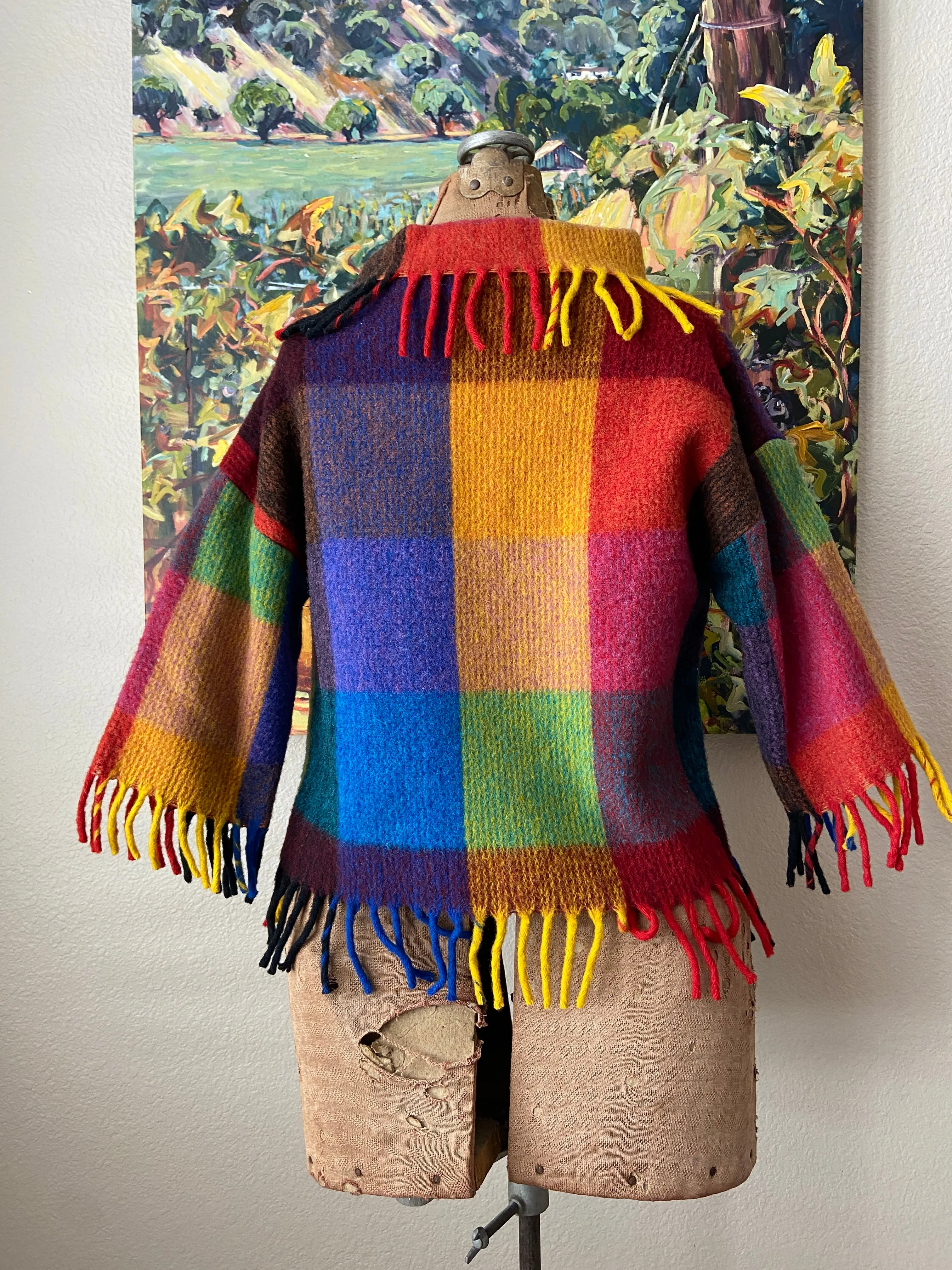 1950s Rainbow Loomed Checkered Fringe Sweater
