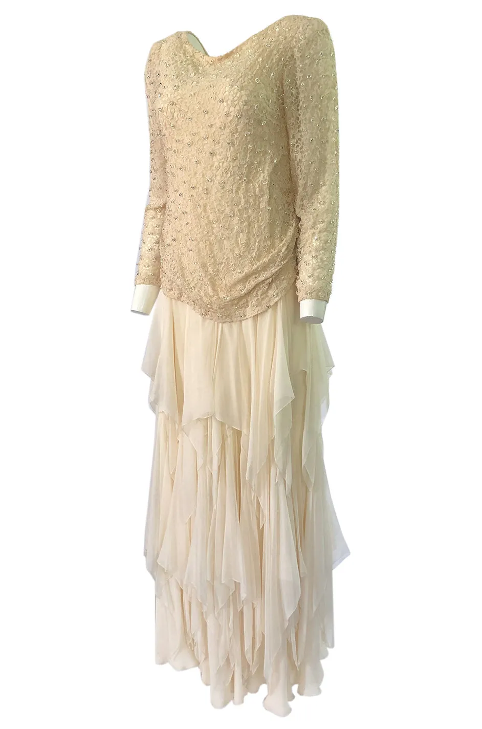 1970s Stavropoulos Cream Beaded Lace & Silk Chiffon Ivory Dress
