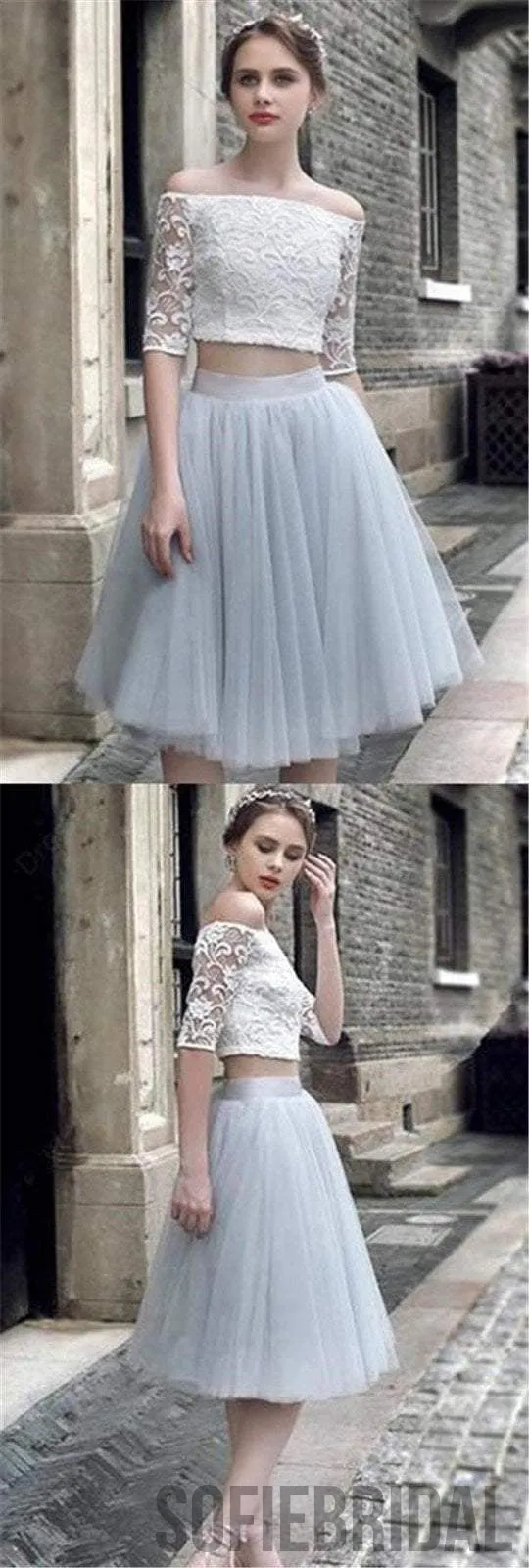 2 pieces Lace Top Half Sleeve Light Grey Tulle Skirt Homecoming Dresses, Popular Homecoming Dresses, SF0087