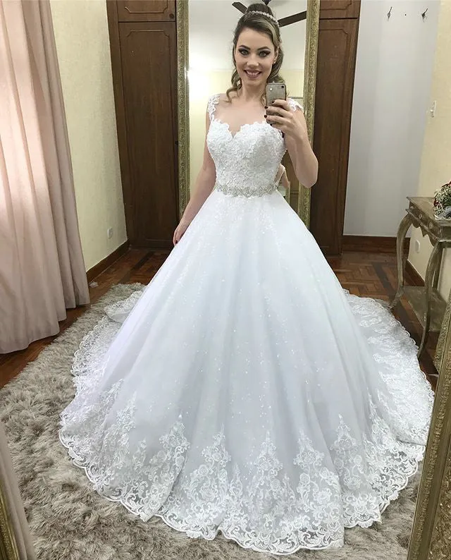 2019 Sparkly Sequins Lace Wedding Dresses Ball Gowns for Brides Bridal Dress Beaded Belt