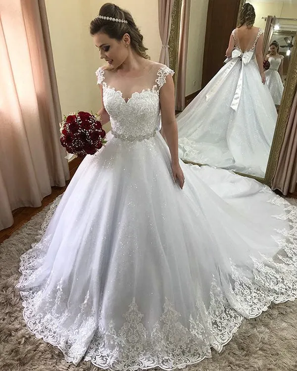 2019 Sparkly Sequins Lace Wedding Dresses Ball Gowns for Brides Bridal Dress Beaded Belt
