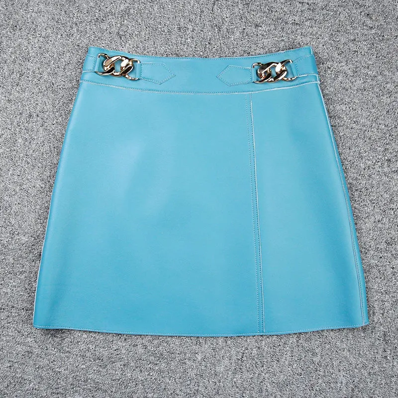 2022 New Leather Skirt Women Simple Versatile Commuter Metal Decoration Skirt Leather Sheepskin Short Dress 2022 Autumn Winter TF4791
