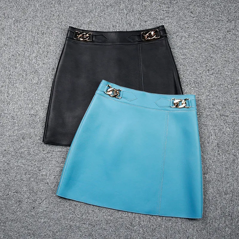 2022 New Leather Skirt Women Simple Versatile Commuter Metal Decoration Skirt Leather Sheepskin Short Dress 2022 Autumn Winter TF4791