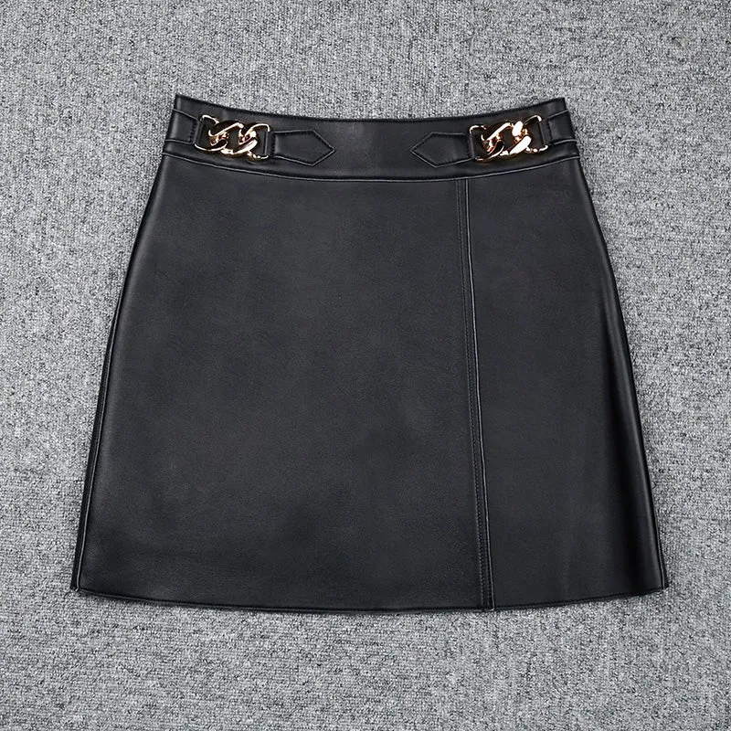 2022 New Leather Skirt Women Simple Versatile Commuter Metal Decoration Skirt Leather Sheepskin Short Dress 2022 Autumn Winter TF4791