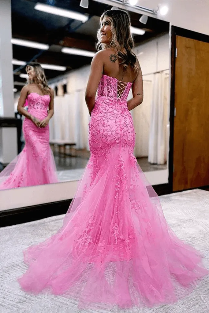 2024 Corset Pink Prom Dresses Mermaid Lace Long Beaded Formal Dresses Strapless