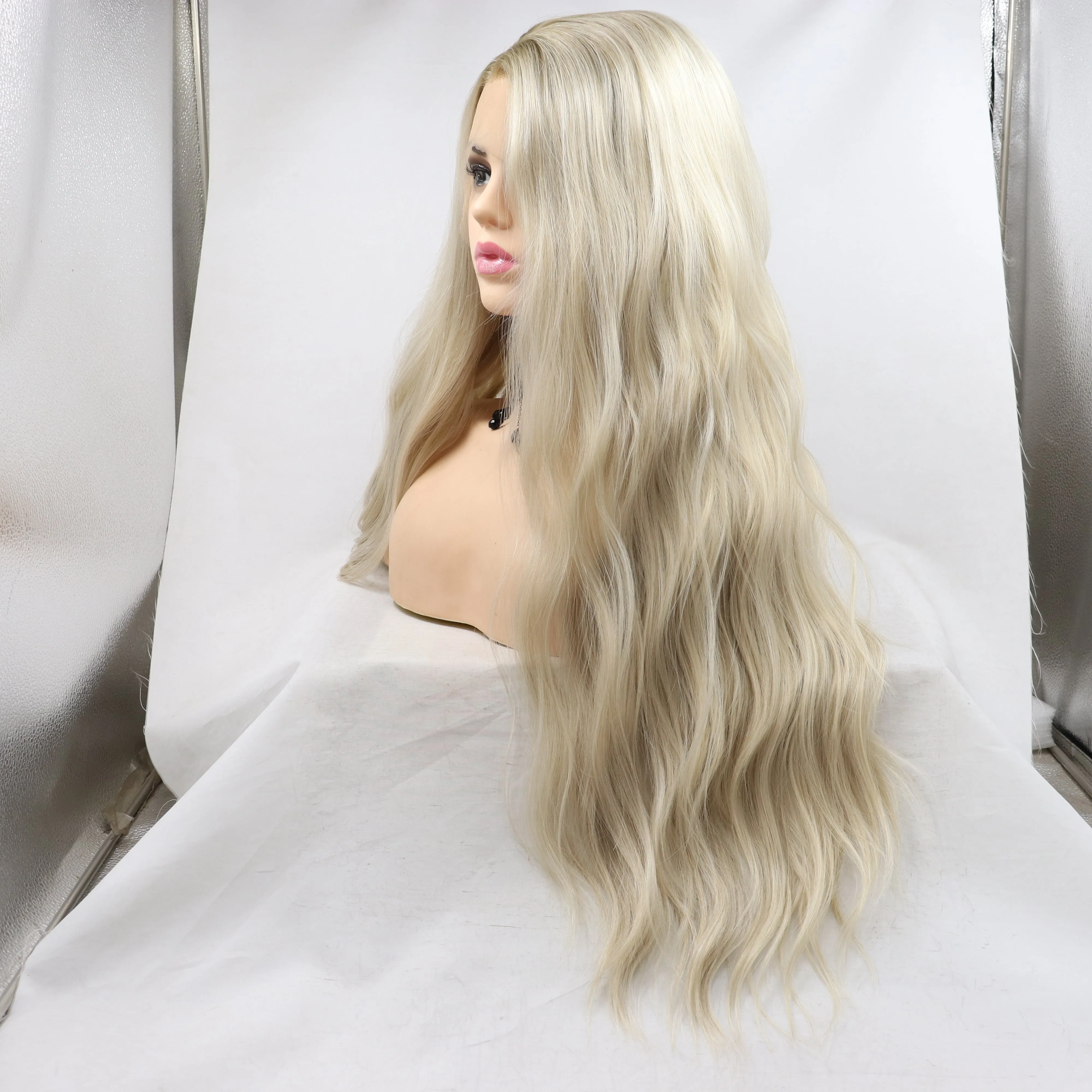 24" Natural Light Blonde Wavy Synthetic Front Lace Wigs