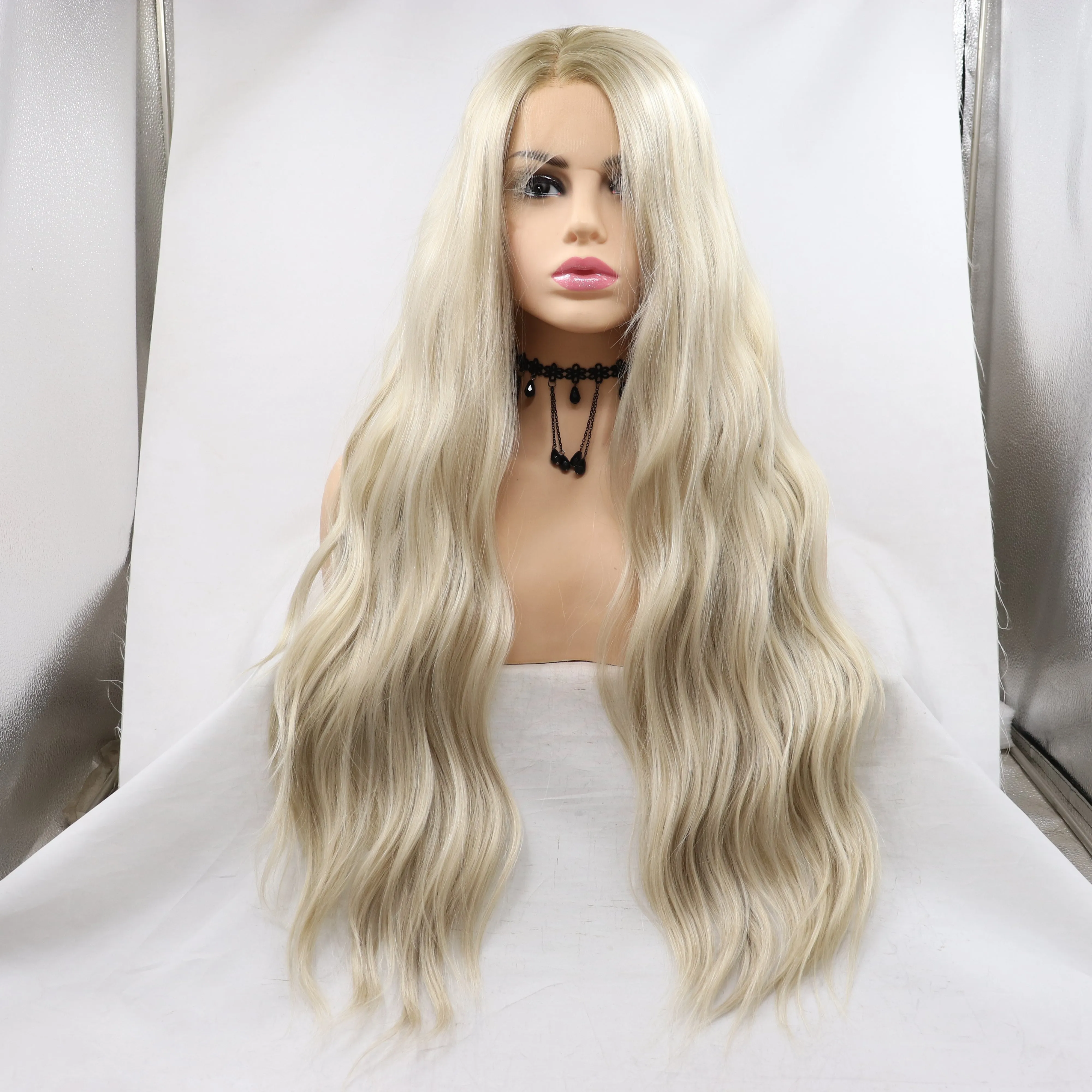 24" Natural Light Blonde Wavy Synthetic Front Lace Wigs