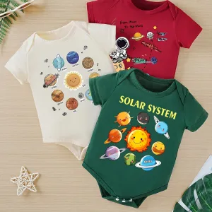 3-Pack Baby Boys Summer Short Sleeve "Astronaut & Planets" Print Rompers, Casual Round Neck Polyester Knit Bodysuits with Cartoon Graphics.