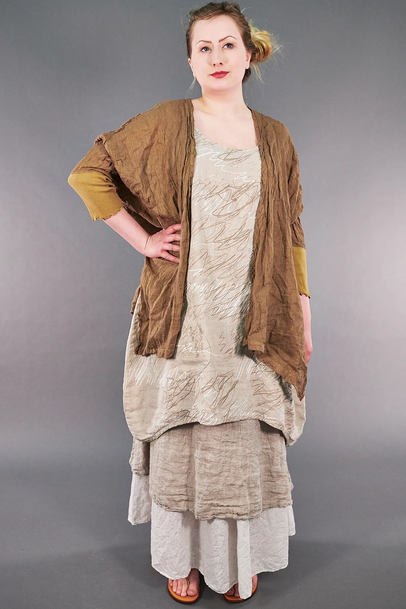 5253-Linen Crinkle Swing Cardi Coyote-U