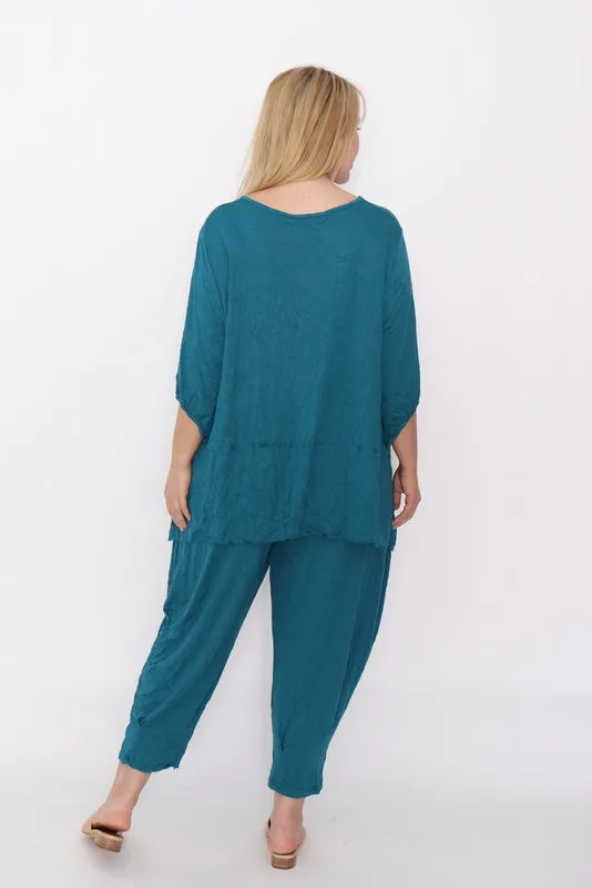 7986 Teal Crinkle Cotton Square Top & 7718 Comfy pants