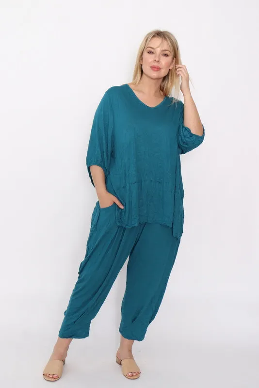 7986 Teal Crinkle Cotton Square Top & 7718 Comfy pants