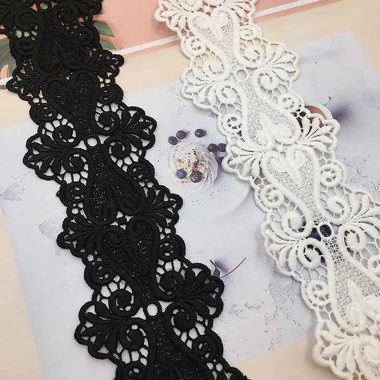 8cm White Black Milk Silk Water-Soluble Embroidered Lace Trim 15 Yards
