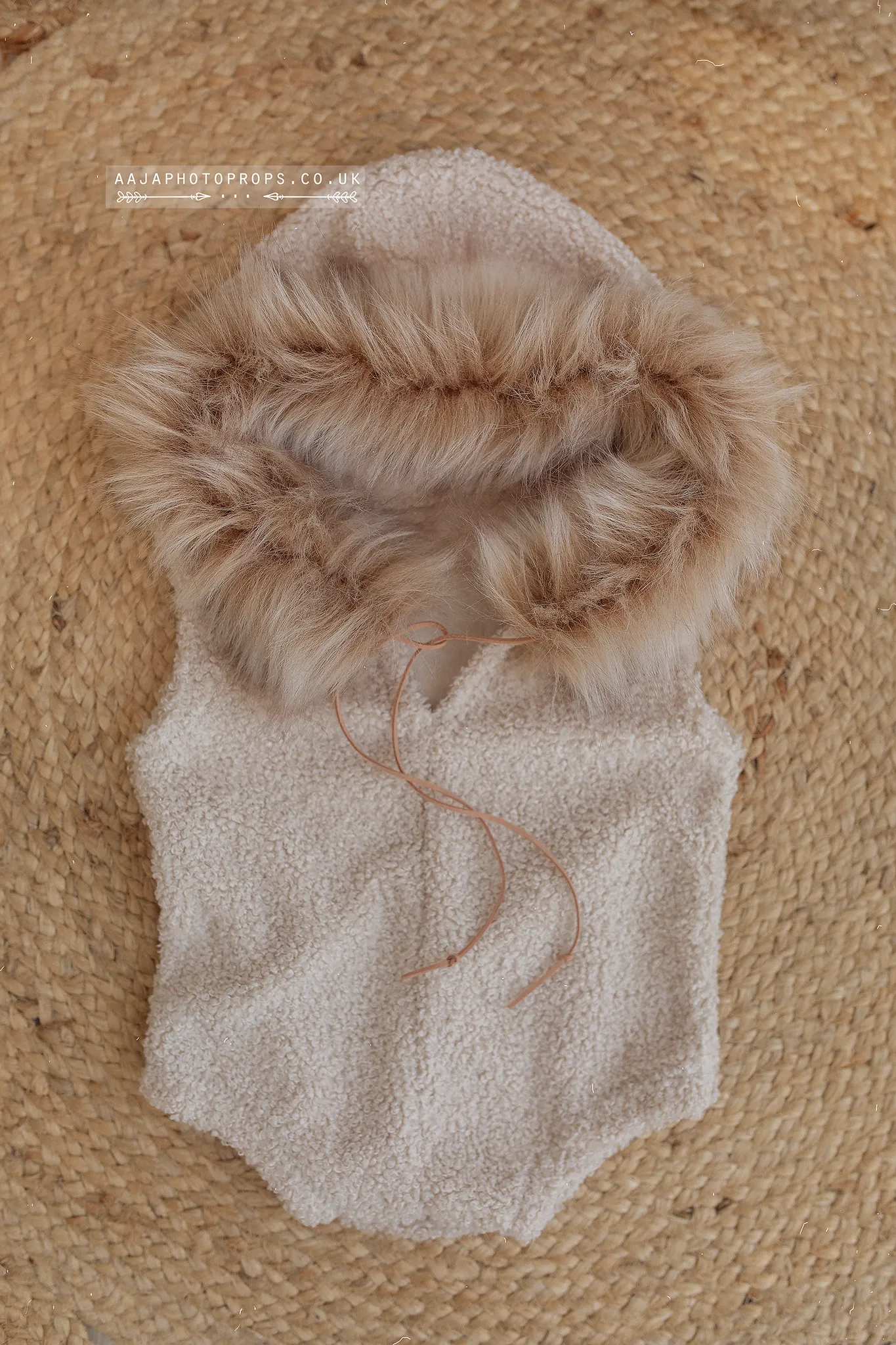 9-12 months sitter romper, neutral, faux fur, hooded, eskimo, beige, RTS