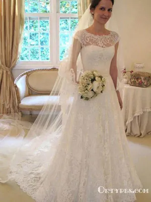 A-line Cap Sleeves Elegant White Lace Long Wedding Dresses with Sashes, TYP1942