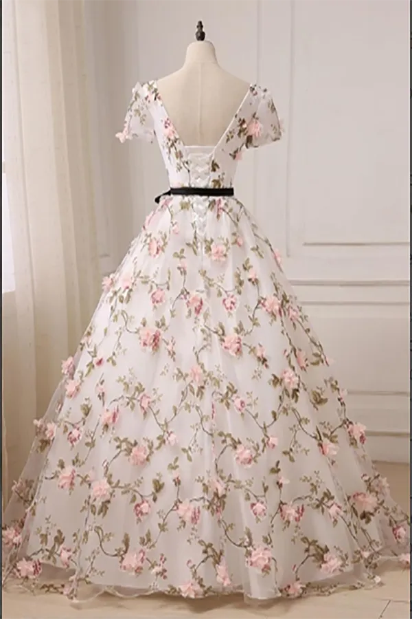 A-Line Floor Length V-Neck Prom Dresses Tulle Appliqued Long Prom Dresses With Short Sleeves LPD004
