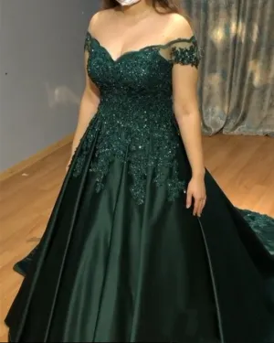 A Line Off The Shoulder Sequin Lace Plus Size Prom Dresses