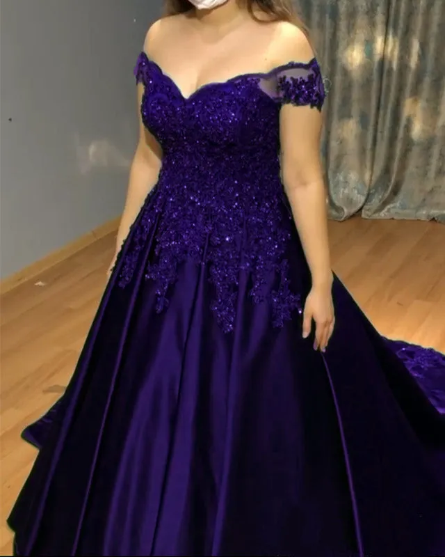 A Line Off The Shoulder Sequin Lace Plus Size Prom Dresses