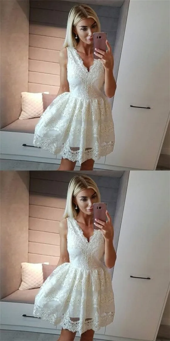 A-Line V-Neck Short Cheap White Homecoming Dresses with Appliques, QB0058