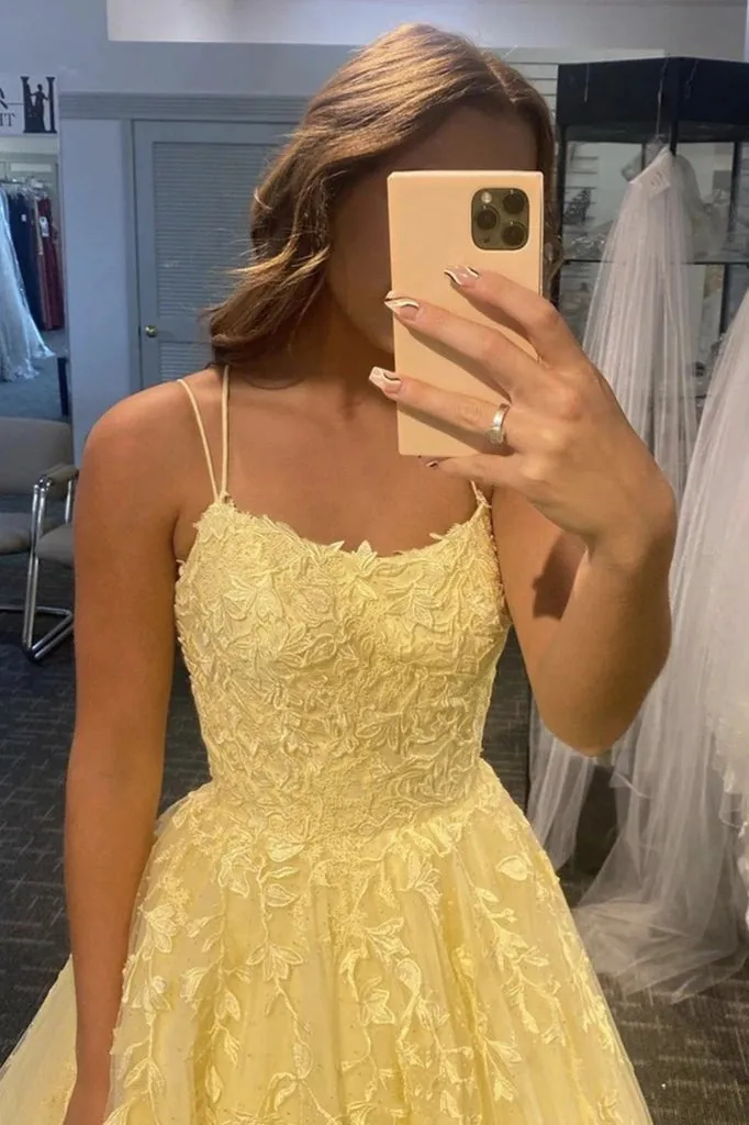 A Line Yellow Lace Prom Dresses 2025 Sleeveless Formal Evening Dresses