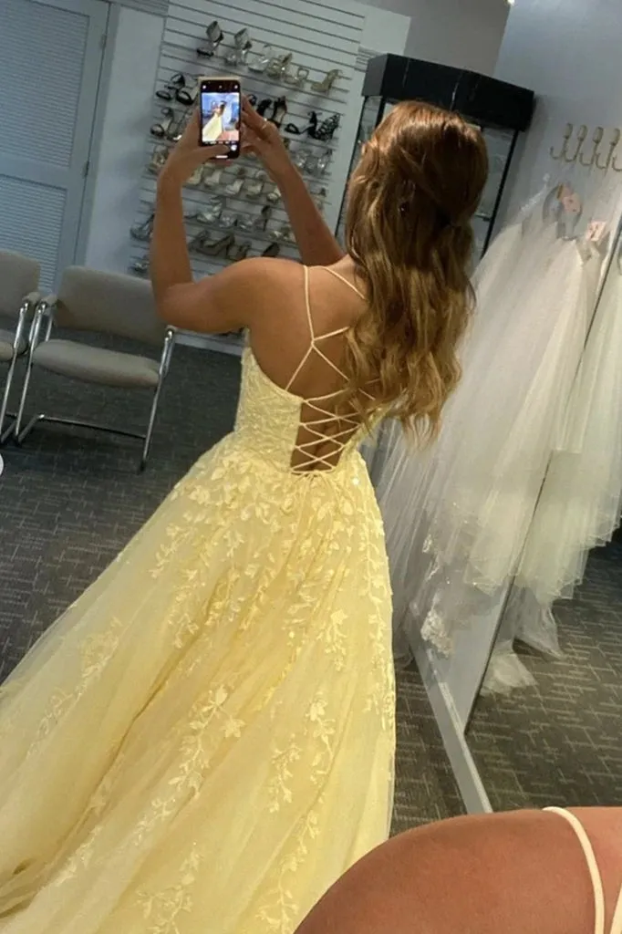 A Line Yellow Lace Prom Dresses 2025 Sleeveless Formal Evening Dresses