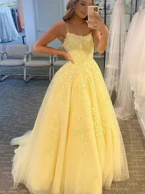 A Line Yellow Lace Prom Dresses 2025 Sleeveless Formal Evening Dresses