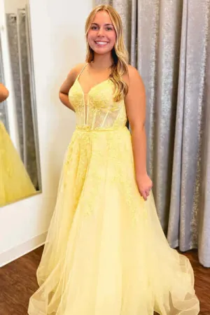 A Line Yellow Plus Size Prom 2025 Dresses V Neck Lace Appliques