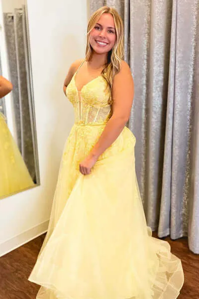 A Line Yellow Plus Size Prom 2025 Dresses V Neck Lace Appliques