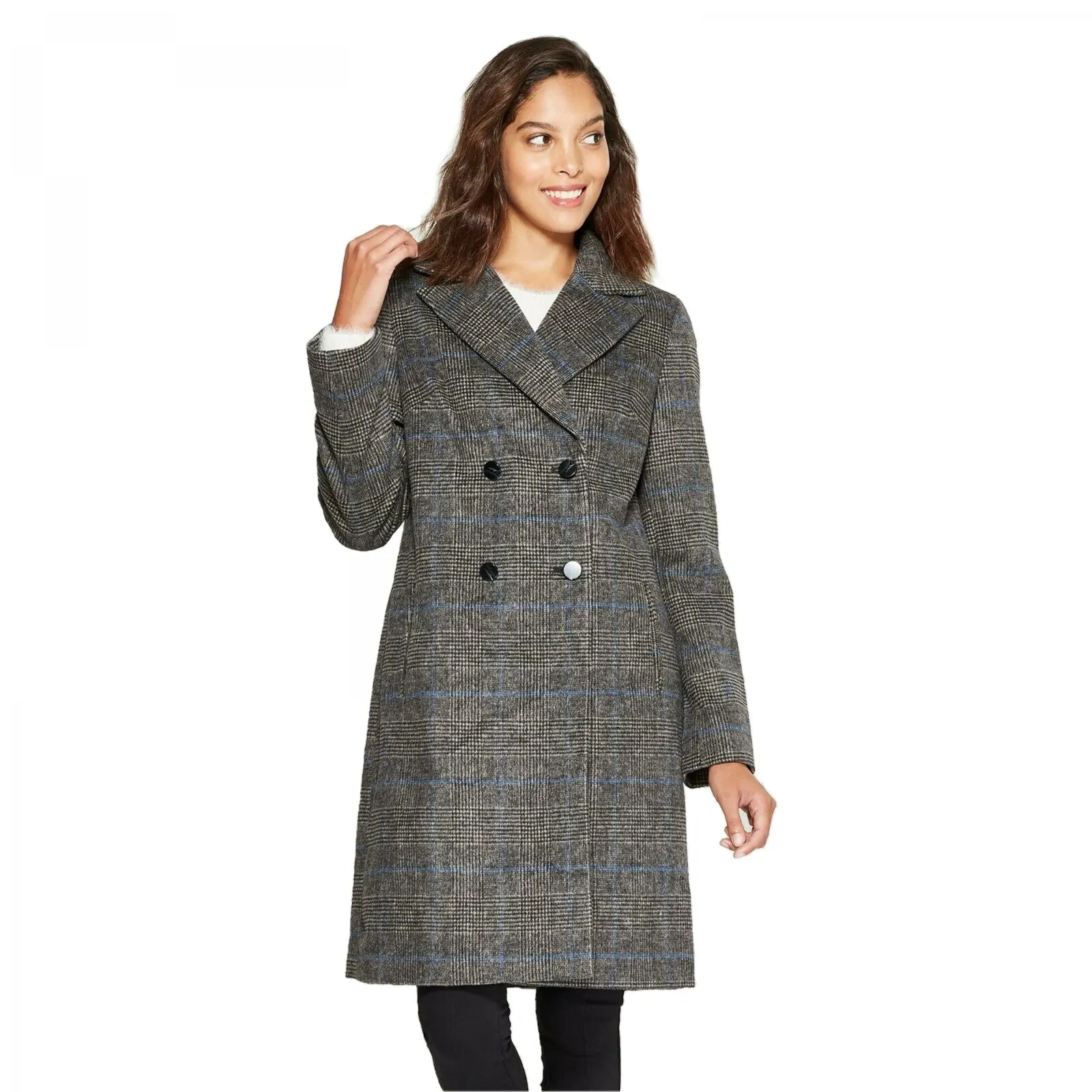 A New Day Women's Plaid Double Breasted Long Wool Coat