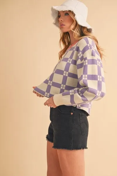 Aemi   Co Plaid Round Neck Drop Shoulder Cropped Sweater