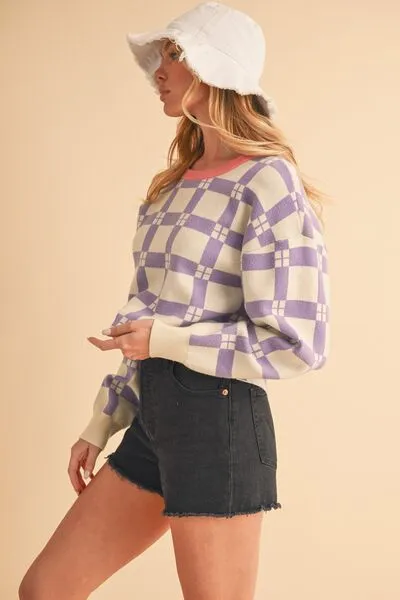 Aemi   Co Plaid Round Neck Drop Shoulder Cropped Sweater