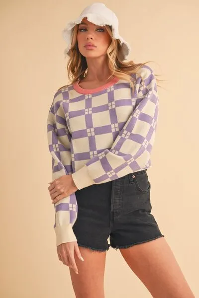 Aemi   Co Plaid Round Neck Drop Shoulder Cropped Sweater