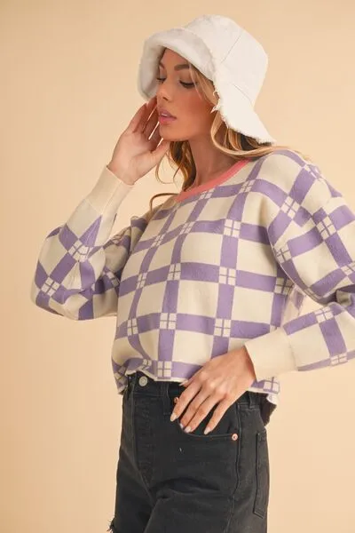 Aemi   Co Plaid Round Neck Drop Shoulder Cropped Sweater