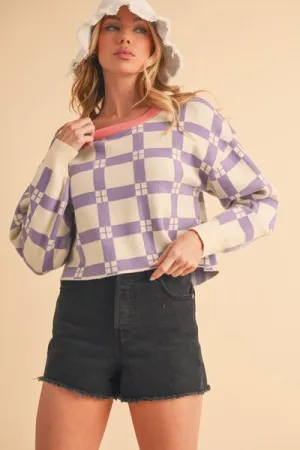 Aemi   Co Plaid Round Neck Drop Shoulder Cropped Sweater