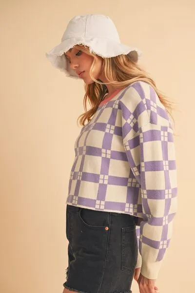 Aemi   Co Plaid Round Neck Drop Shoulder Cropped Sweater