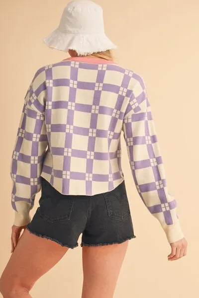 Aemi   Co Plaid Round Neck Drop Shoulder Cropped Sweater