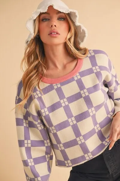 Aemi   Co Plaid Round Neck Drop Shoulder Cropped Sweater