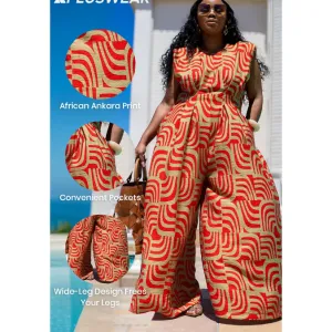 African Ankara Round Neck Pocket Wide Leg Jumpsuits