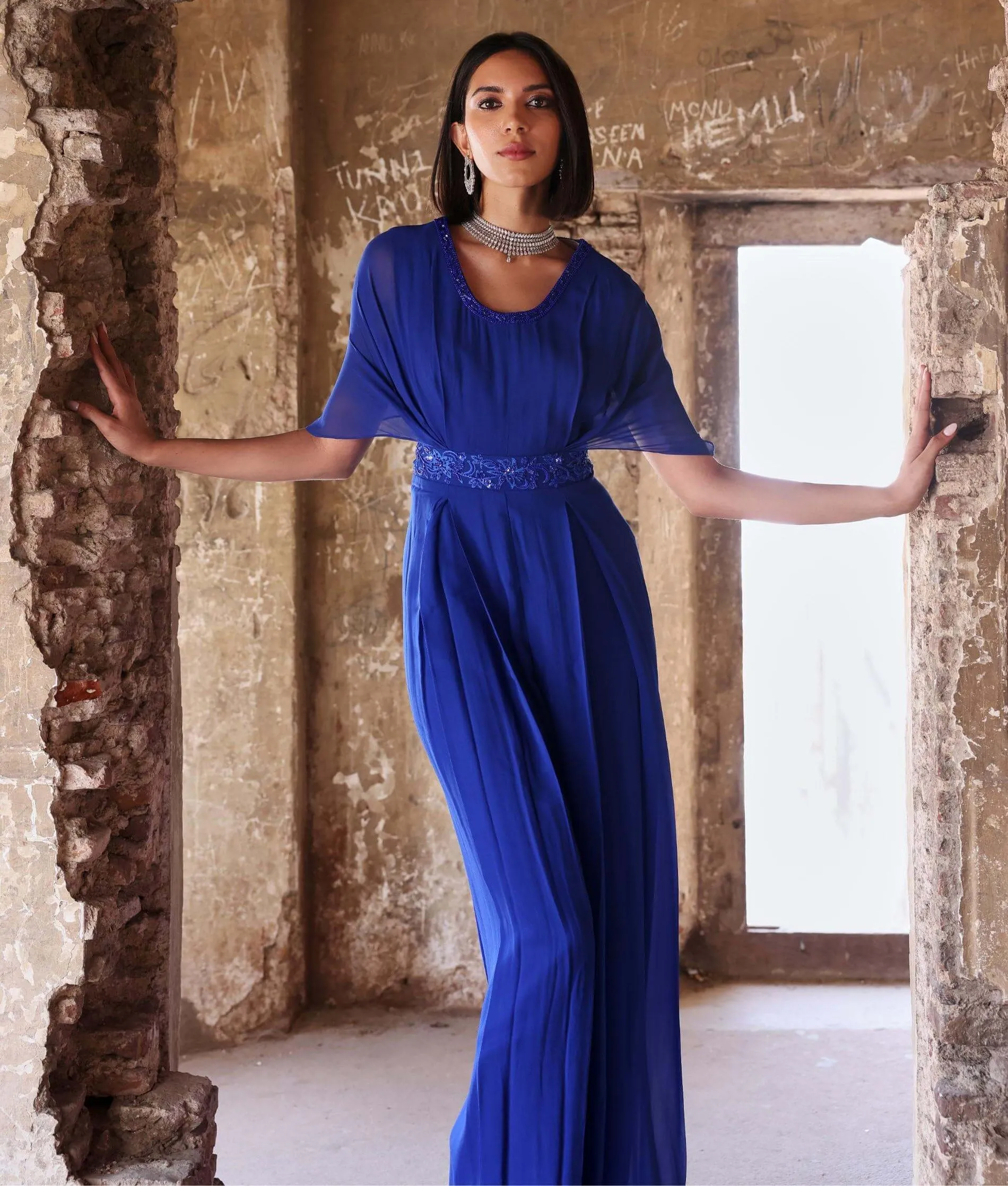 Alessia electric blue pleated jumpsuit