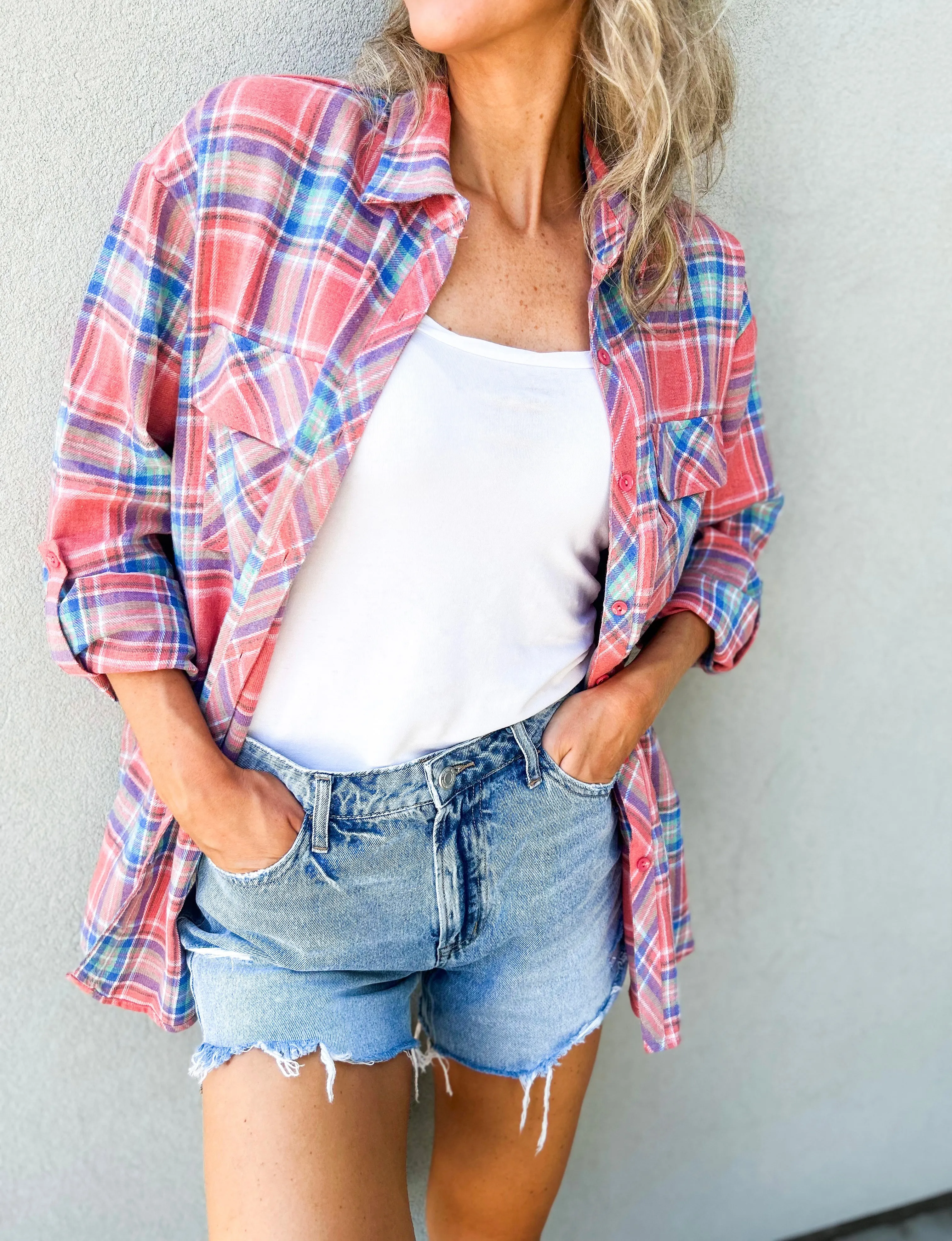 Allery Long Oversized Plaid Button Up Top (Coral)