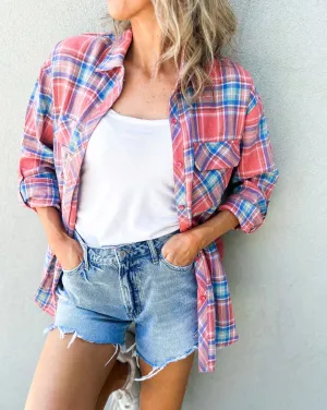 Allery Long Oversized Plaid Button Up Top (Coral)