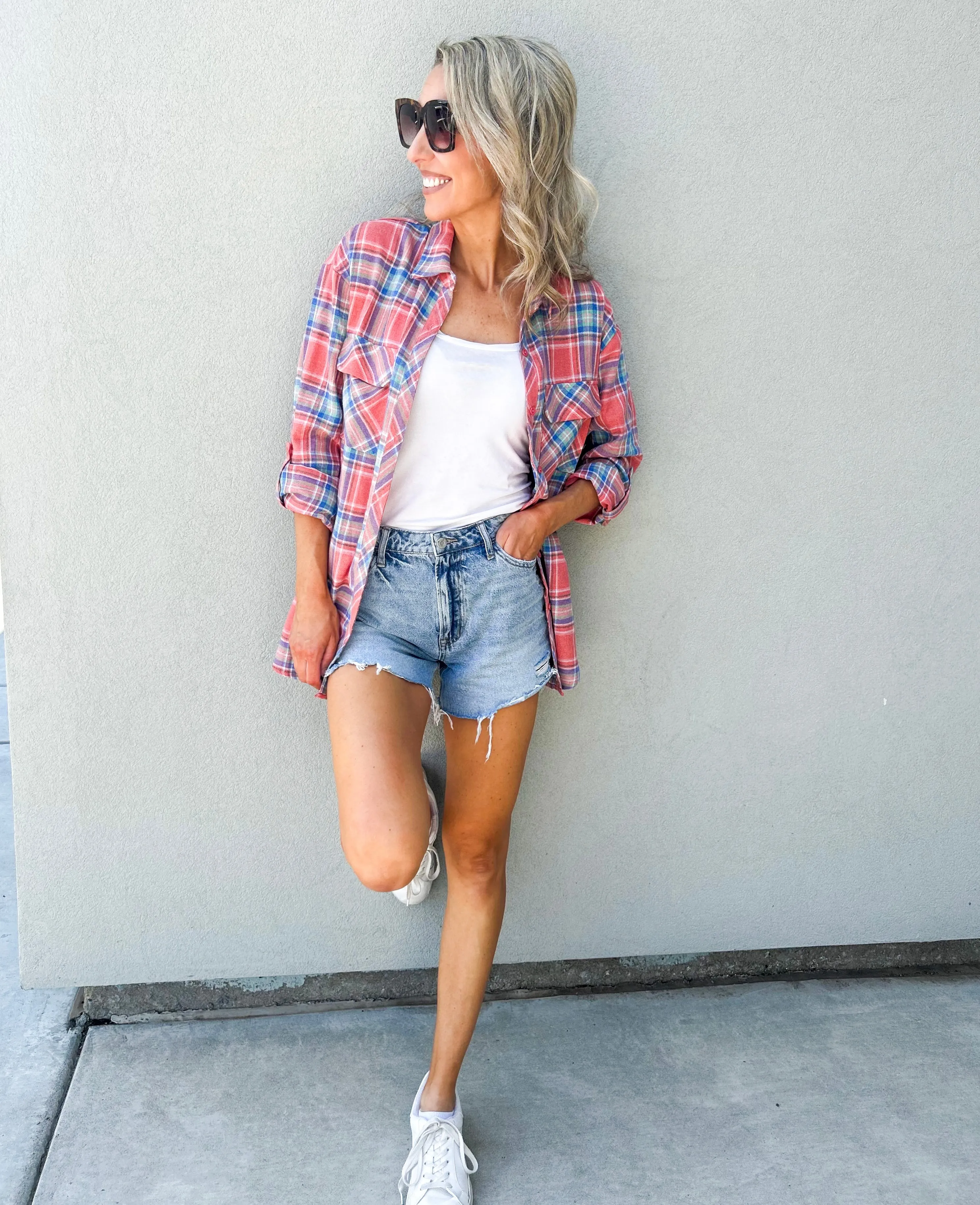 Allery Long Oversized Plaid Button Up Top (Coral)
