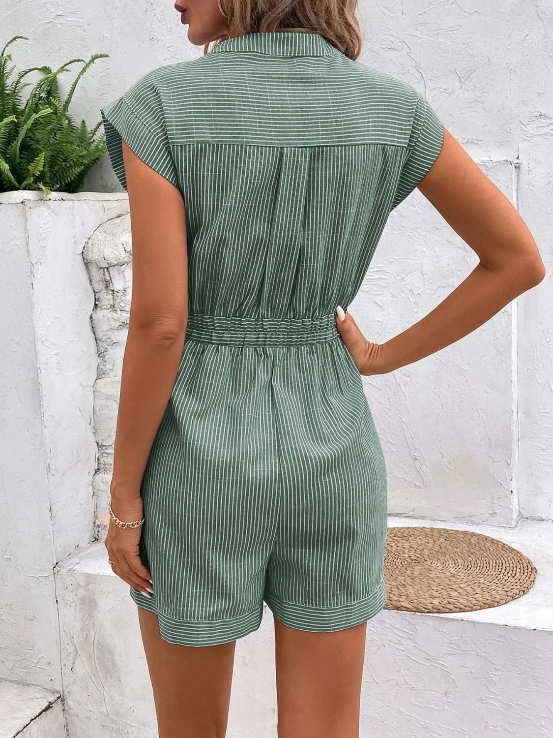 Alora Striped Notched Tie Waist Romper