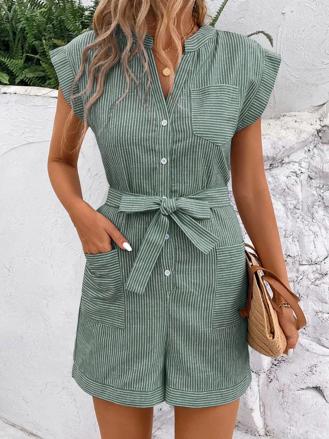 Alora Striped Notched Tie Waist Romper