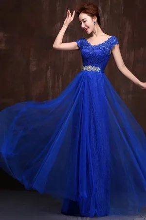 Anneprom A-Line Cap Sleeve Lace Party Prom Dresses Evening Dresses APP0041