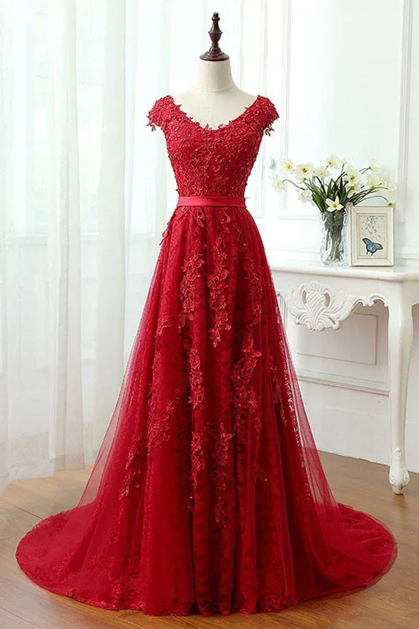 Anneprom A Line Red V Neck Long Lace Prom Dresses with Cap Sleeves APP0491