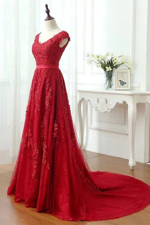 Anneprom A Line Red V Neck Long Lace Prom Dresses with Cap Sleeves APP0491