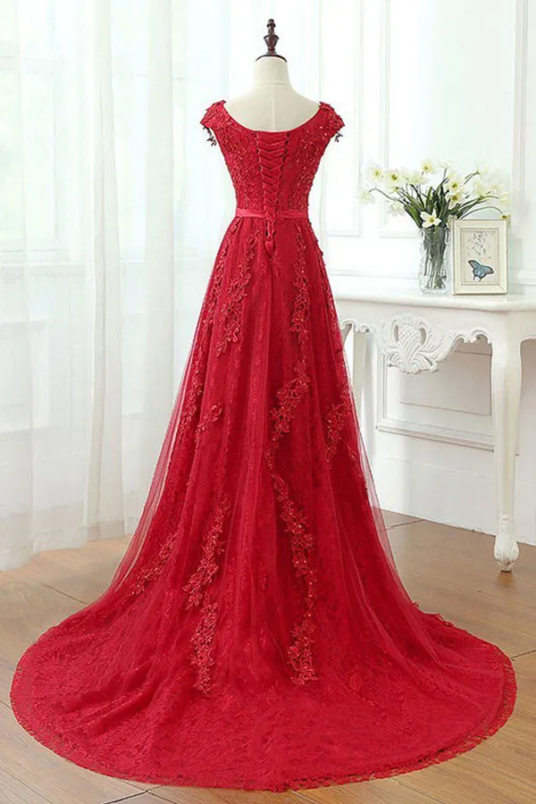 Anneprom A Line Red V Neck Long Lace Prom Dresses with Cap Sleeves APP0491